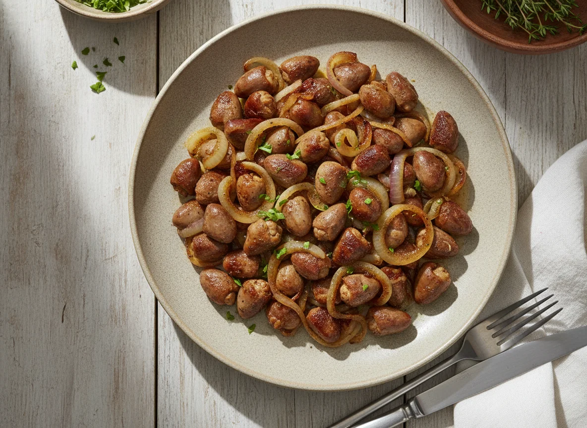Gebratene Hühnerherzen mit Zwiebeln photo