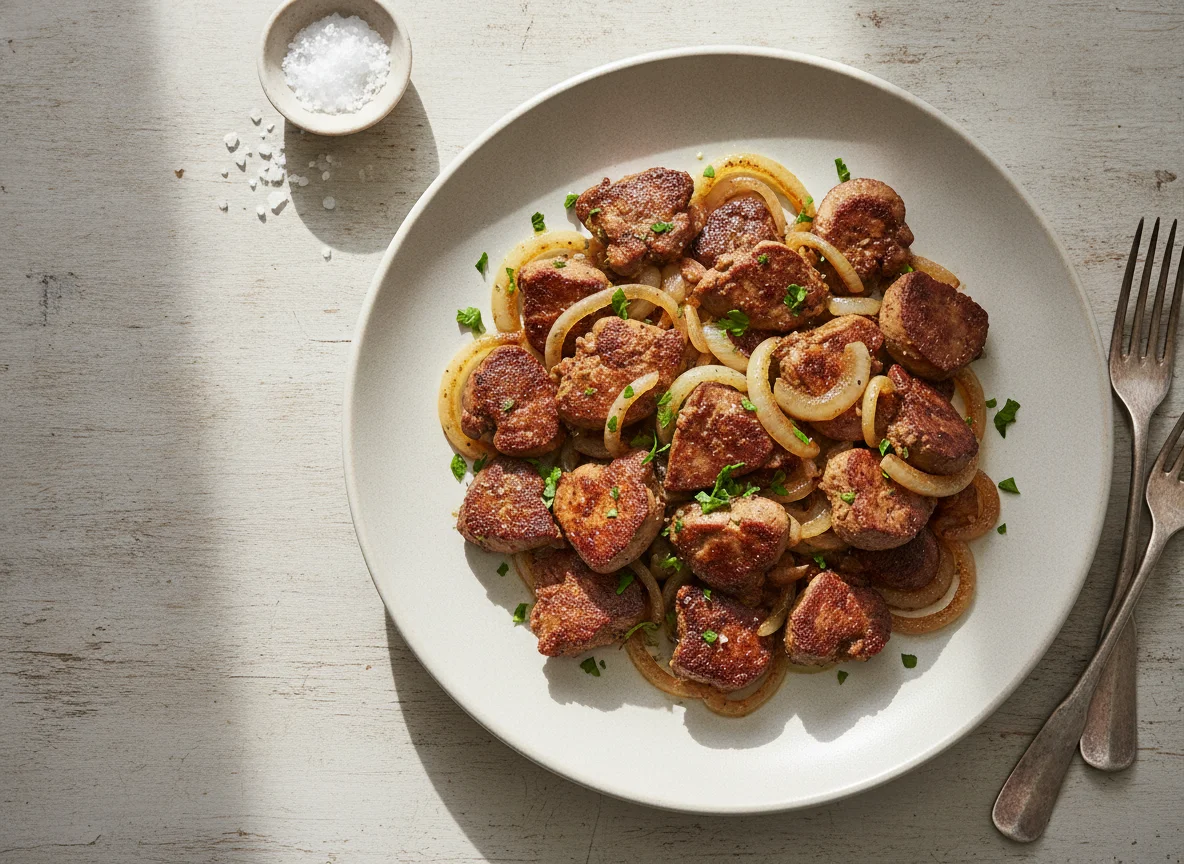 Gebratene Hühnerleber mit Zwiebeln photo