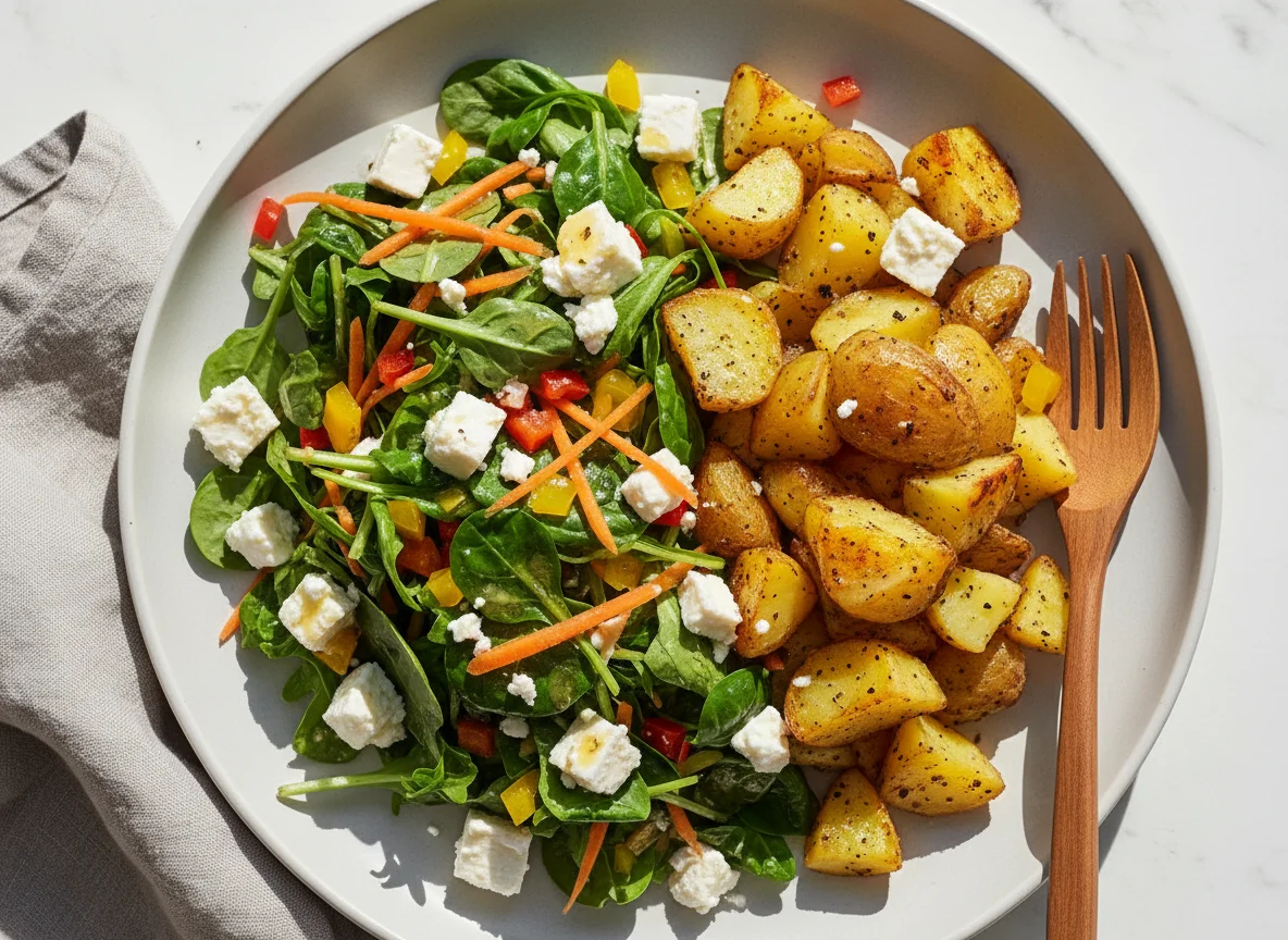 Gebratene Kartoffeln mit gemischtem Salat und Feta photo