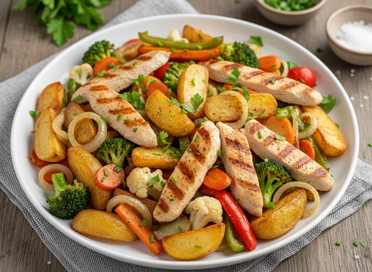 Gebratene Kartoffeln mit Gemüse und Hähnchen photo