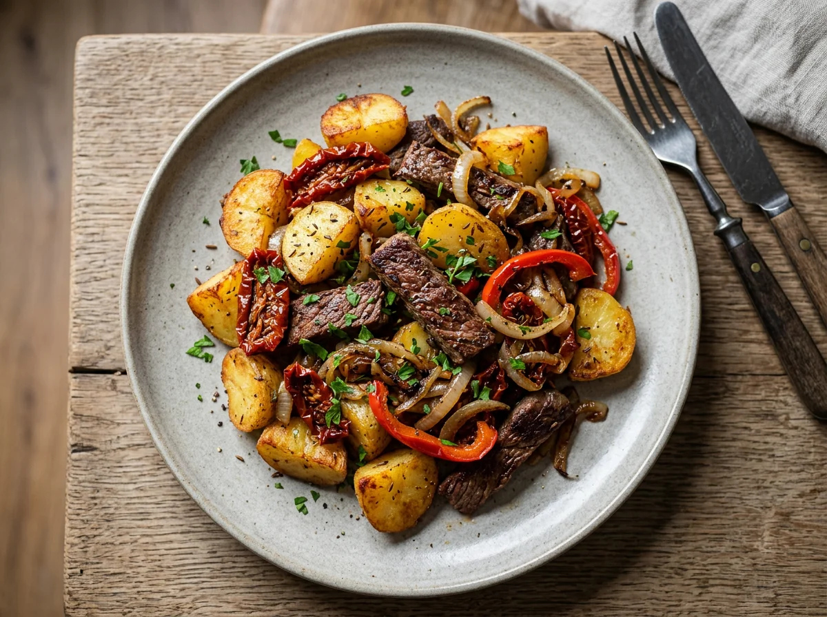Gebratene Kartoffeln mit Rindfleisch und Gemüse photo