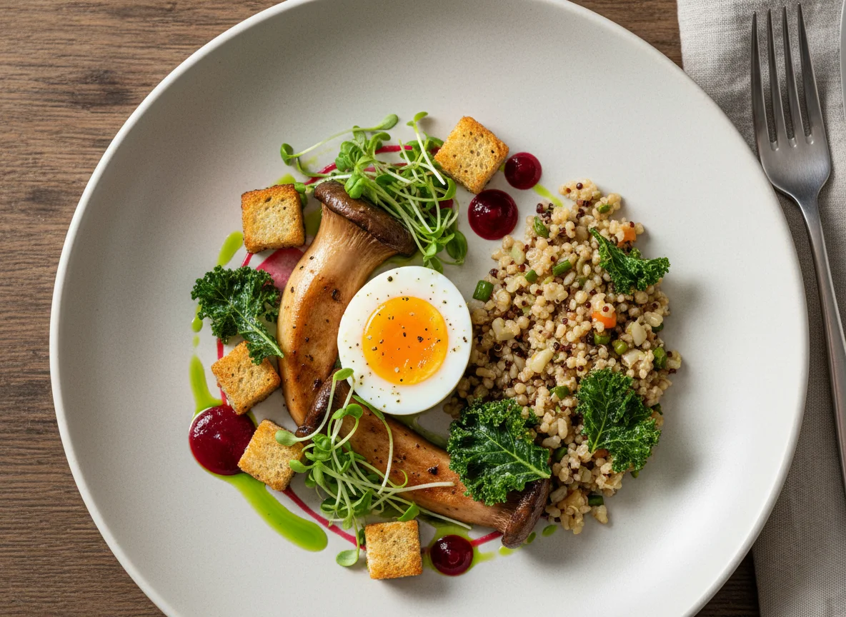 Gebratene Kräuterseitlinge mit Wachtelei und Croutons photo