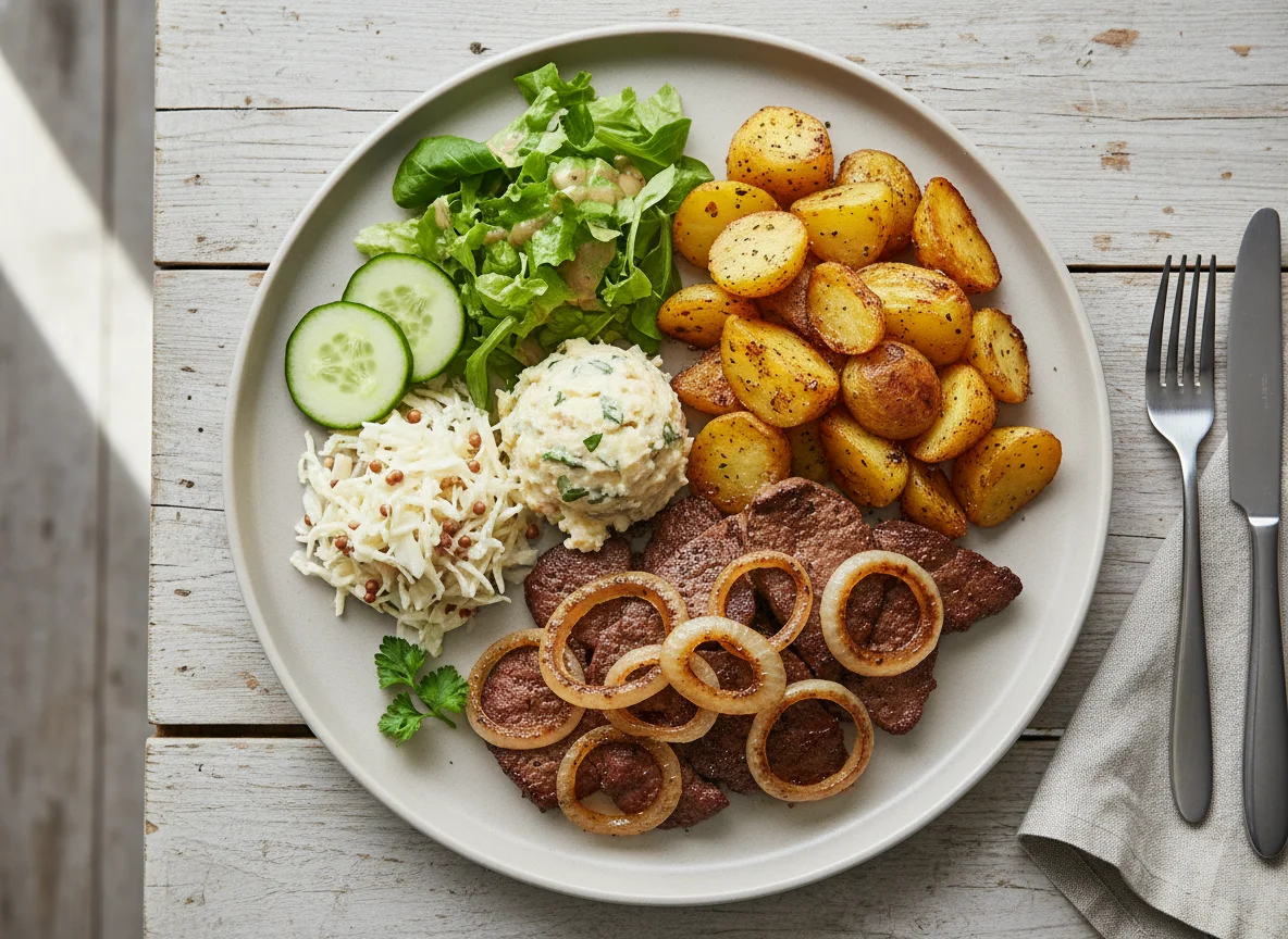 Gebratene Leber mit Bratkartoffeln und Salat photo
