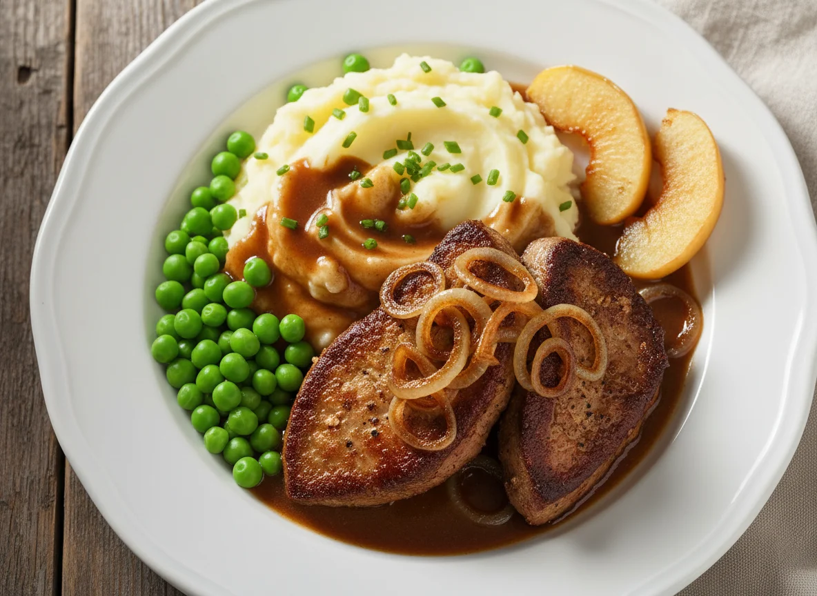 Gebratene Leber mit Kartoffelpüree, Erbsen und Zwiebeln photo