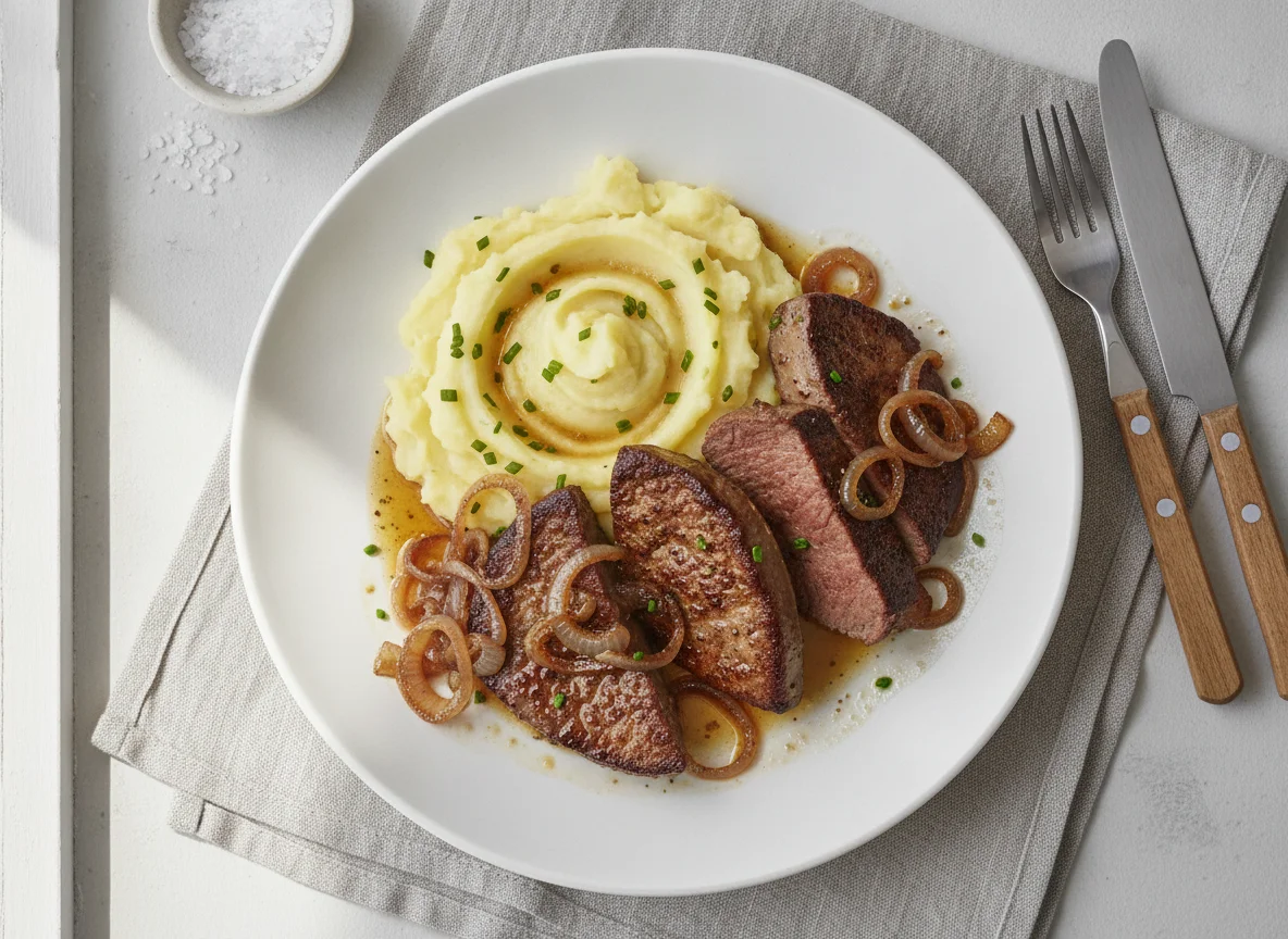 Gebratene Leber mit Kartoffelstampf und Schmorzwiebeln photo
