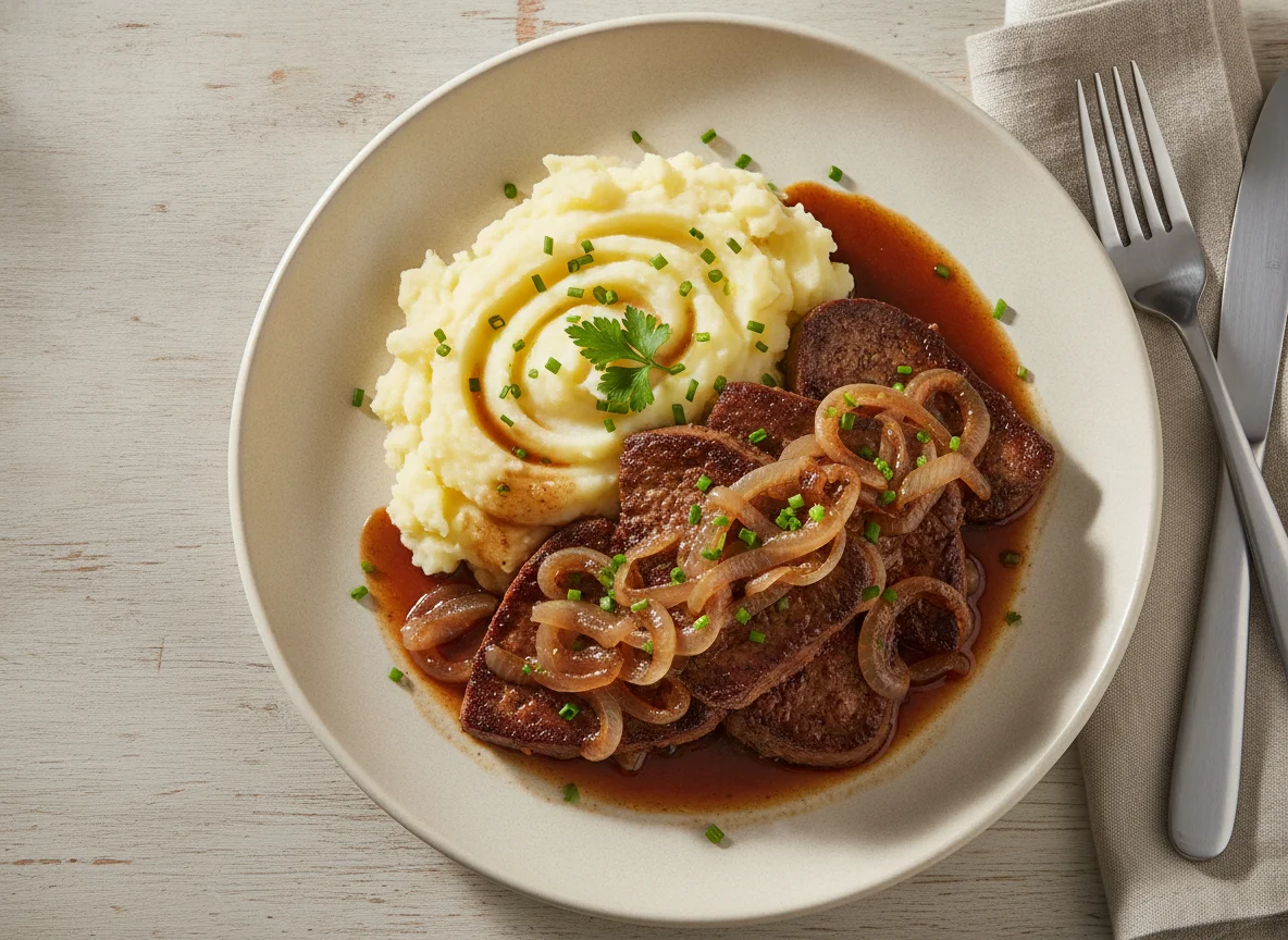 Gebratene Leber mit Zwiebeln und Kartoffelstampf photo