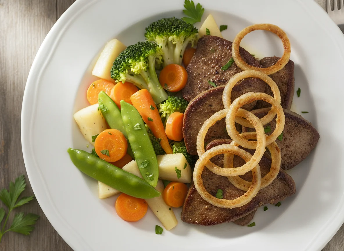 Gebratene Leber mit Zwiebelringen und Gemüse photo