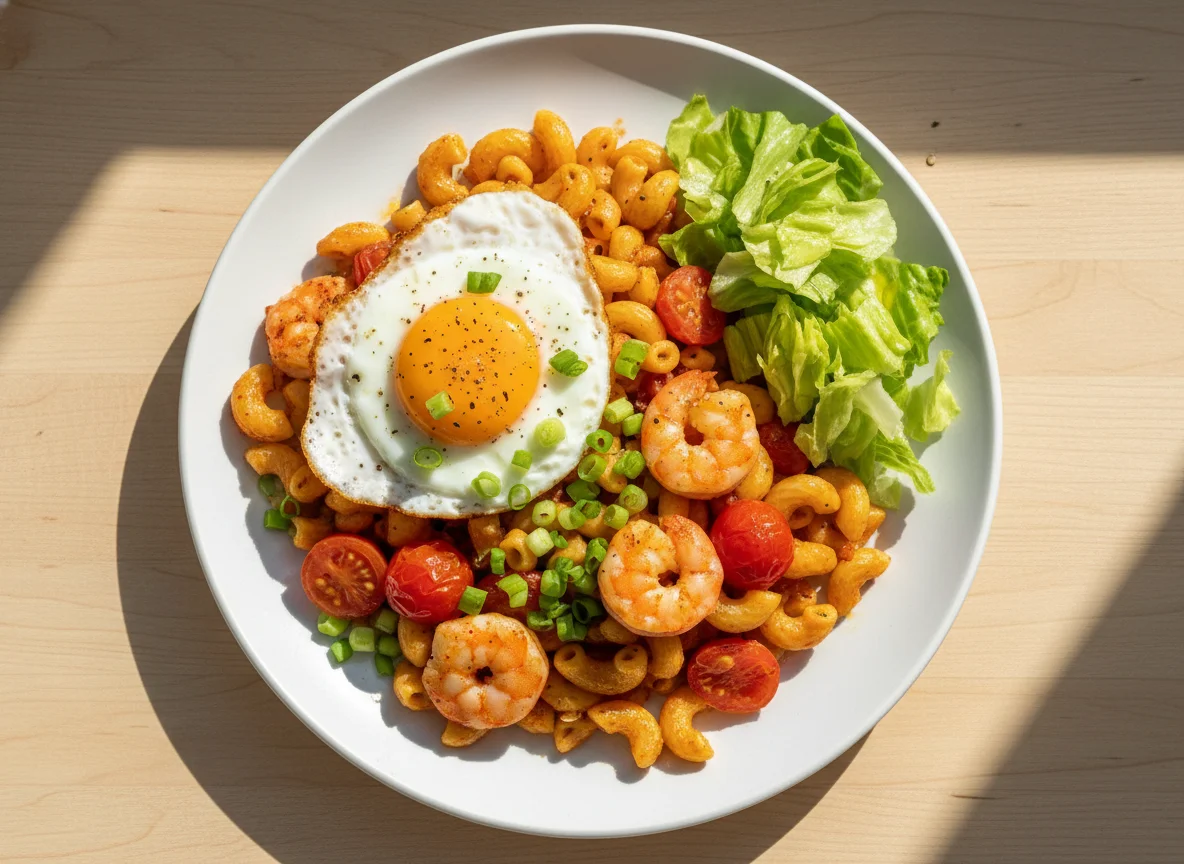Gebratene Makkaroni mit Garnelen und Tomaten photo