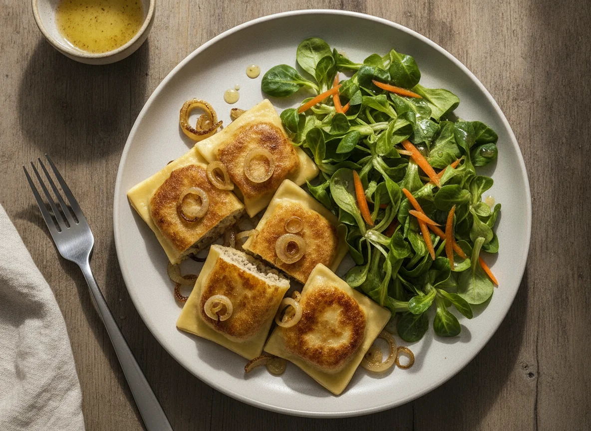 Gebratene Maultaschen mit Beilagensalat photo