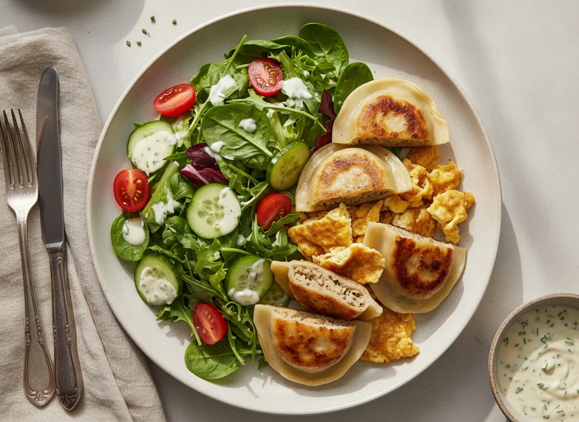 Gebratene Maultaschen mit Ei und gemischtem Salat photo