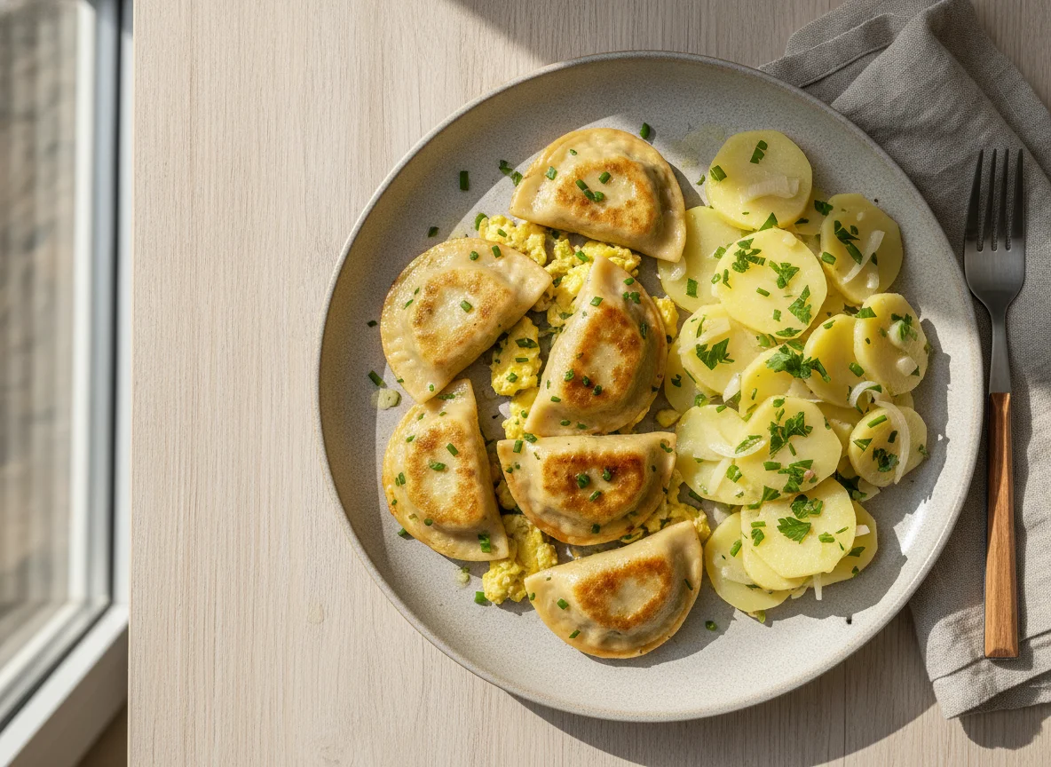 Gebratene Maultaschen mit Ei und Kartoffelsalat photo