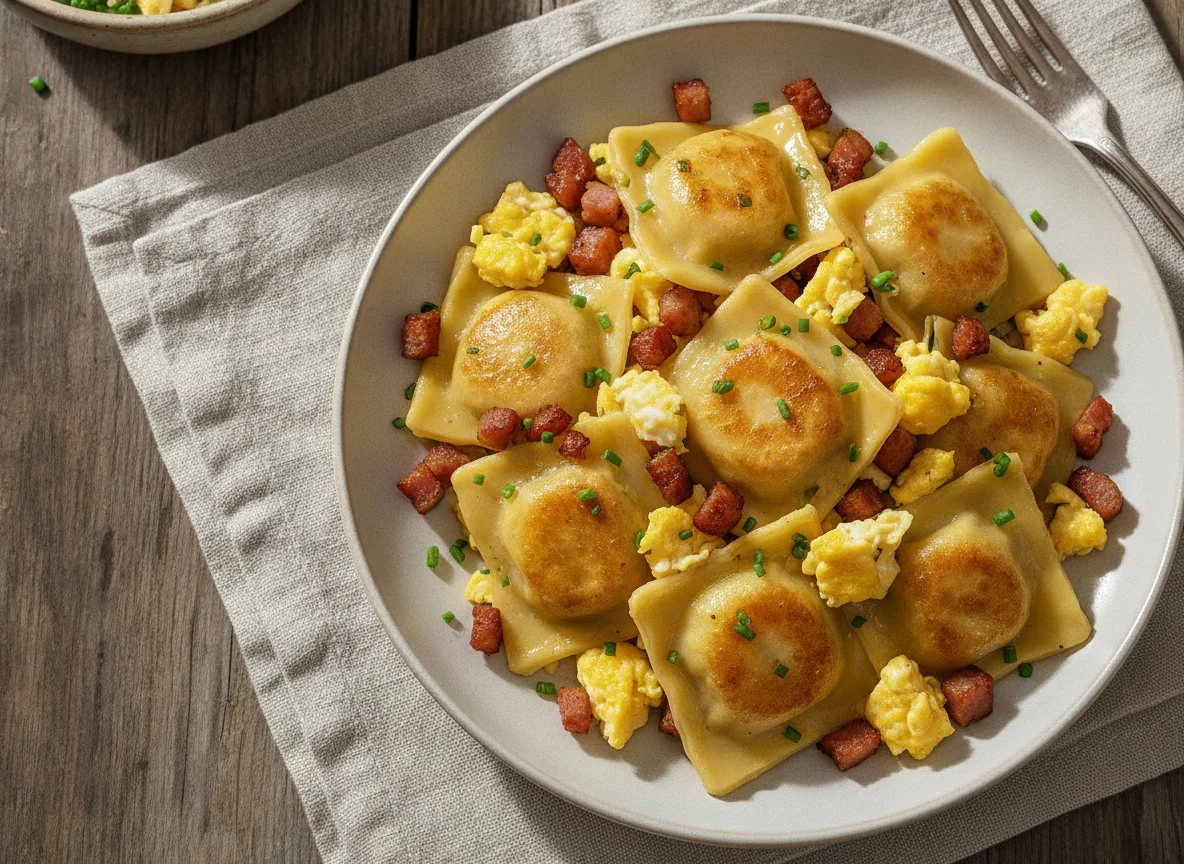 Gebratene Maultaschen mit Ei und Speck photo