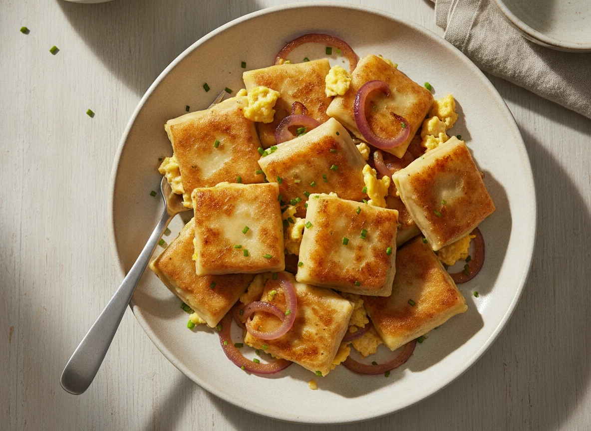 Gebratene Maultaschen mit Ei und Zwiebeln photo