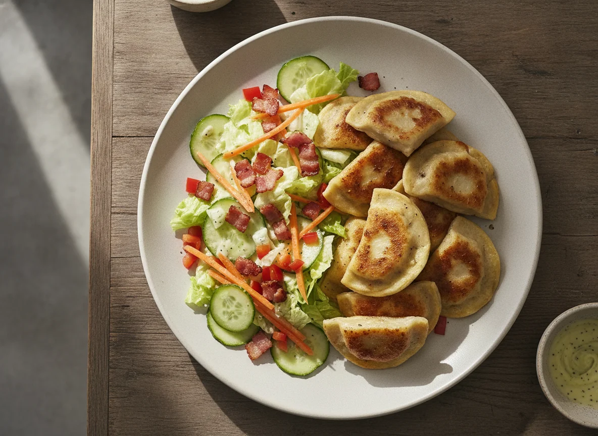Gebratene Maultaschen mit gemischtem Salat photo