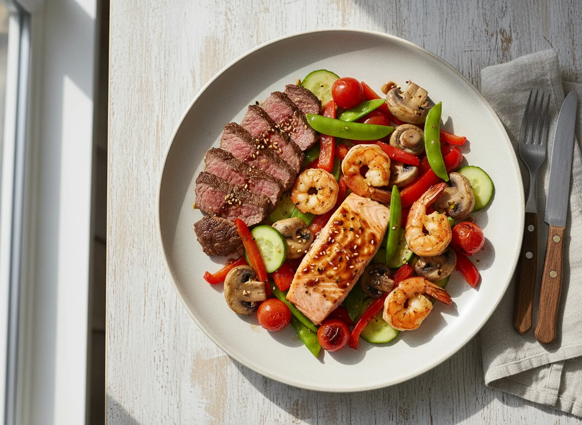 Gebratene Meeresfrüchte und Fleisch mit Gemüse photo