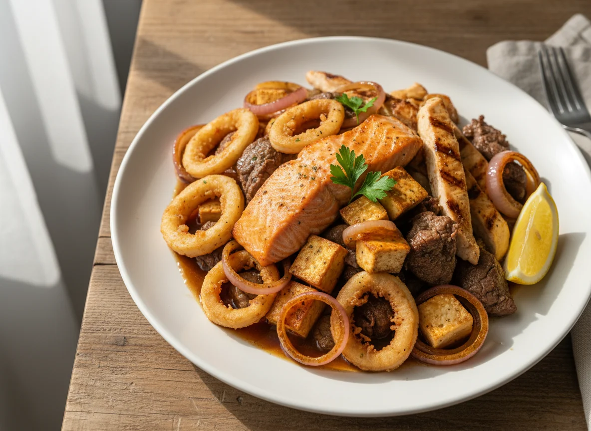 Gebratene Meeresfrüchte und Fleisch mit Zwiebeln photo