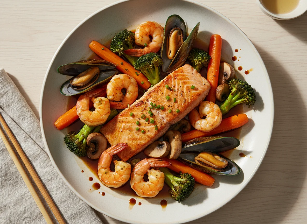 Gebratene Meeresfrüchte und Lachs mit Gemüse und Sojasauce photo