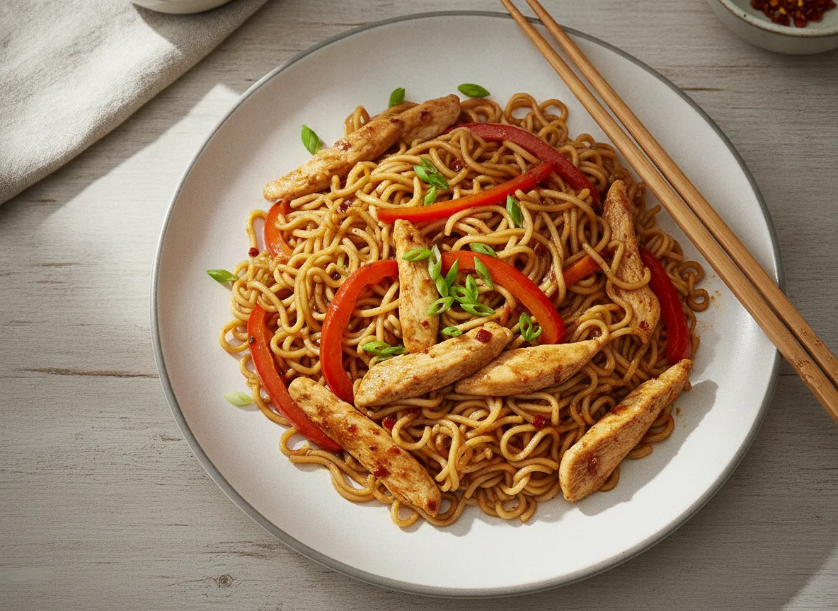 Gebratene Mie-Nudeln mit Hähnchen und Gemüse photo