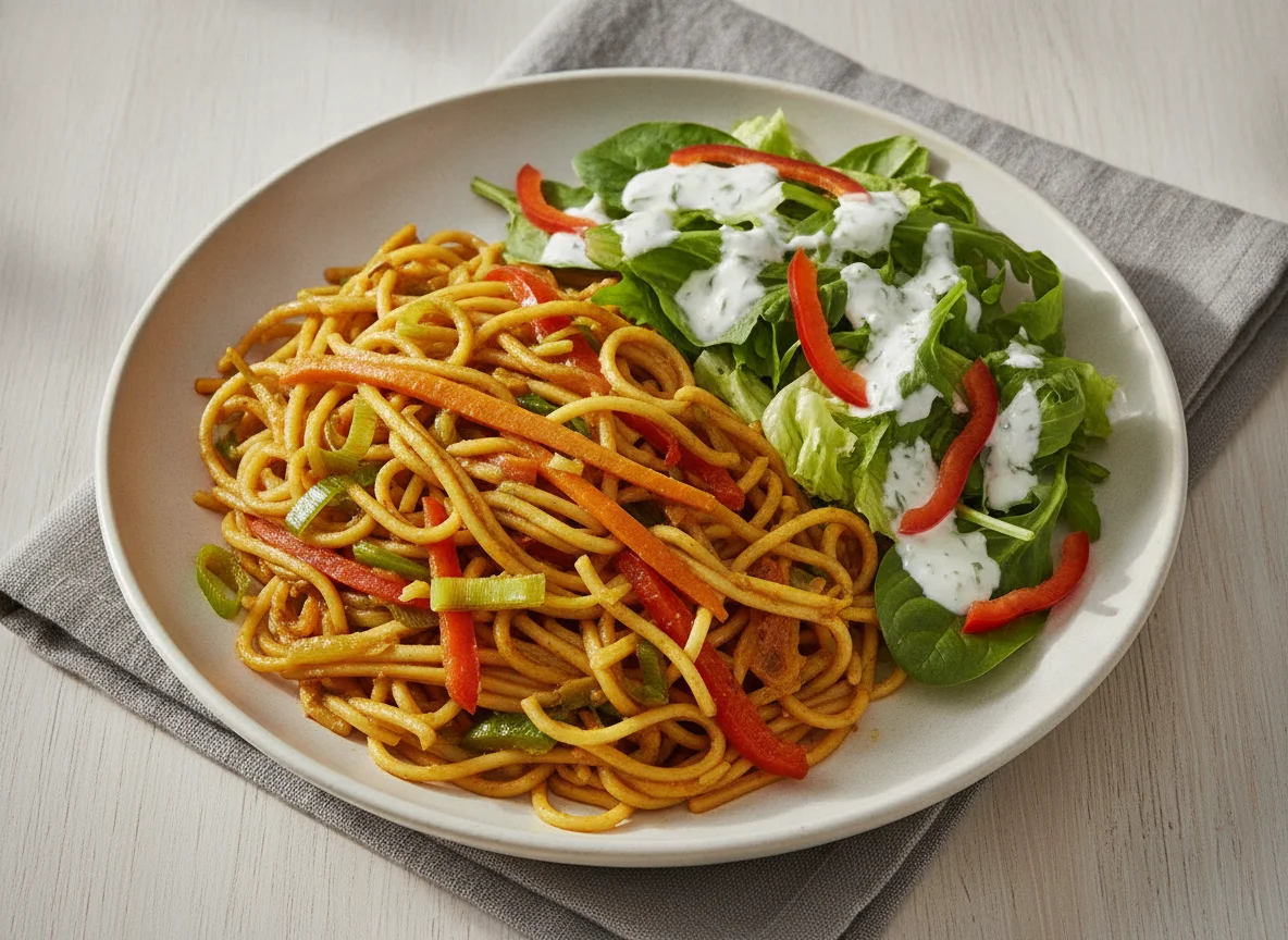 Gebratene Nudeln mit Beilagensalat photo