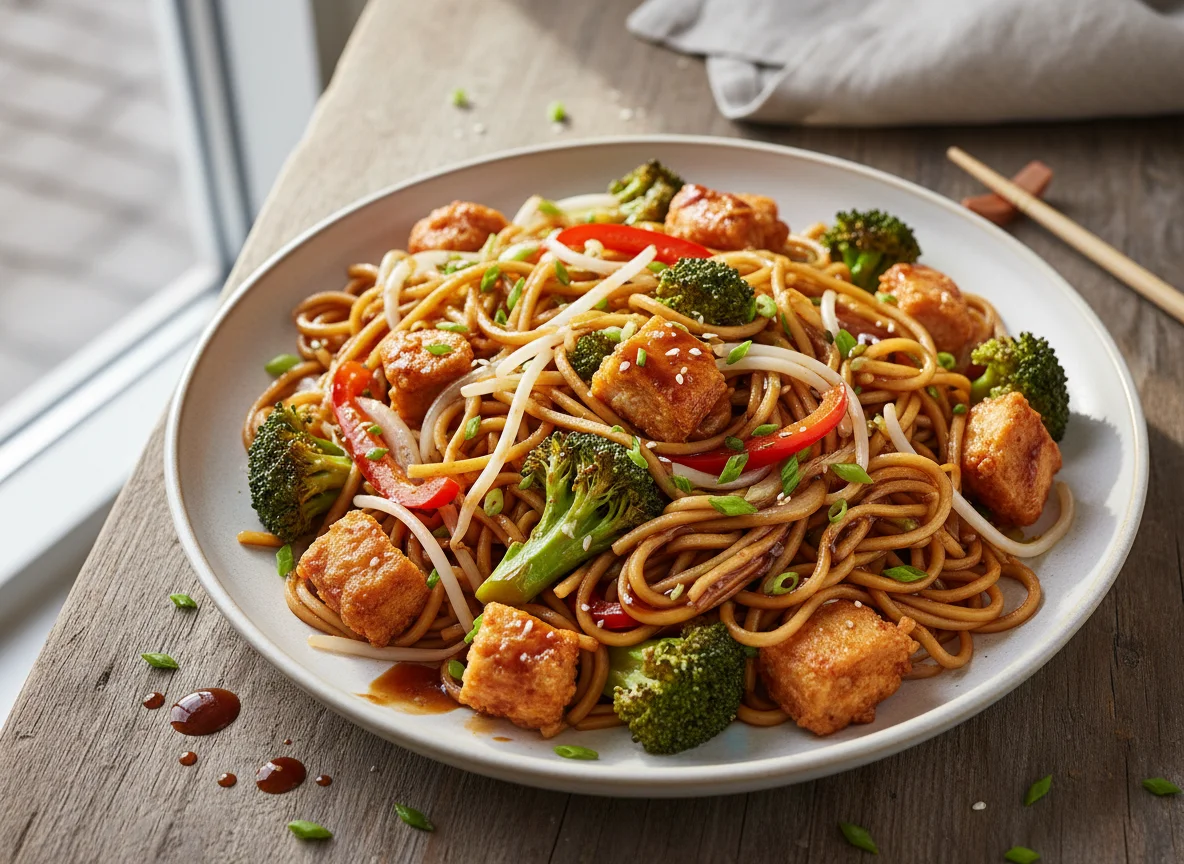 Gebratene Nudeln mit Brokkoli und frittiertem Hähnchen photo