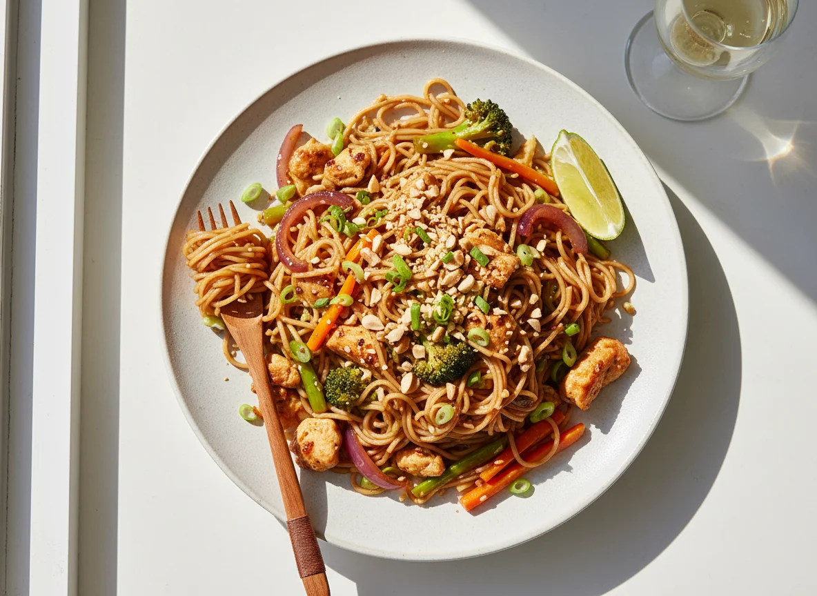 Gebratene Nudeln mit Ei und Erdnüssen photo