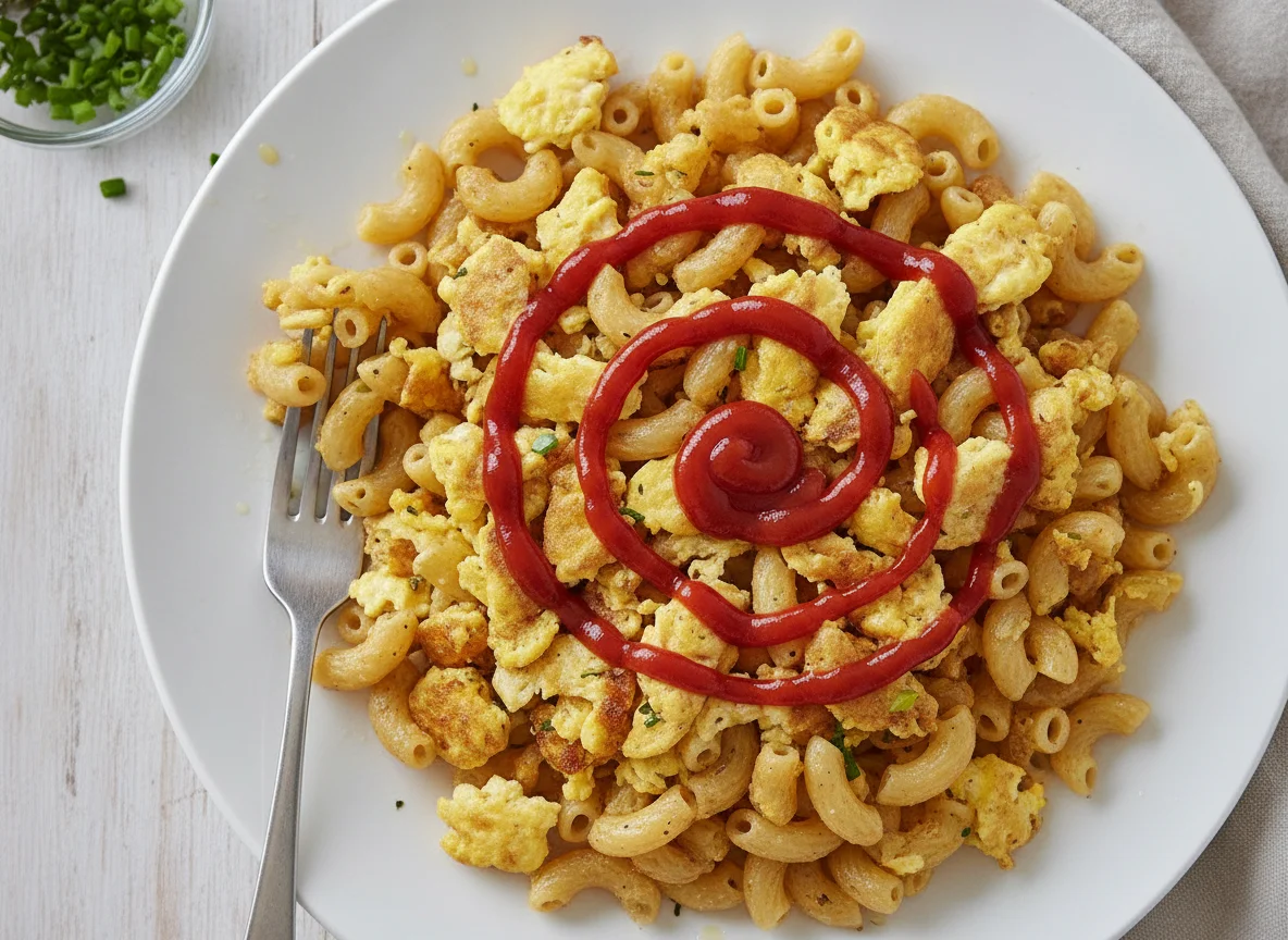 Gebratene Nudeln mit Ei und Ketchup photo