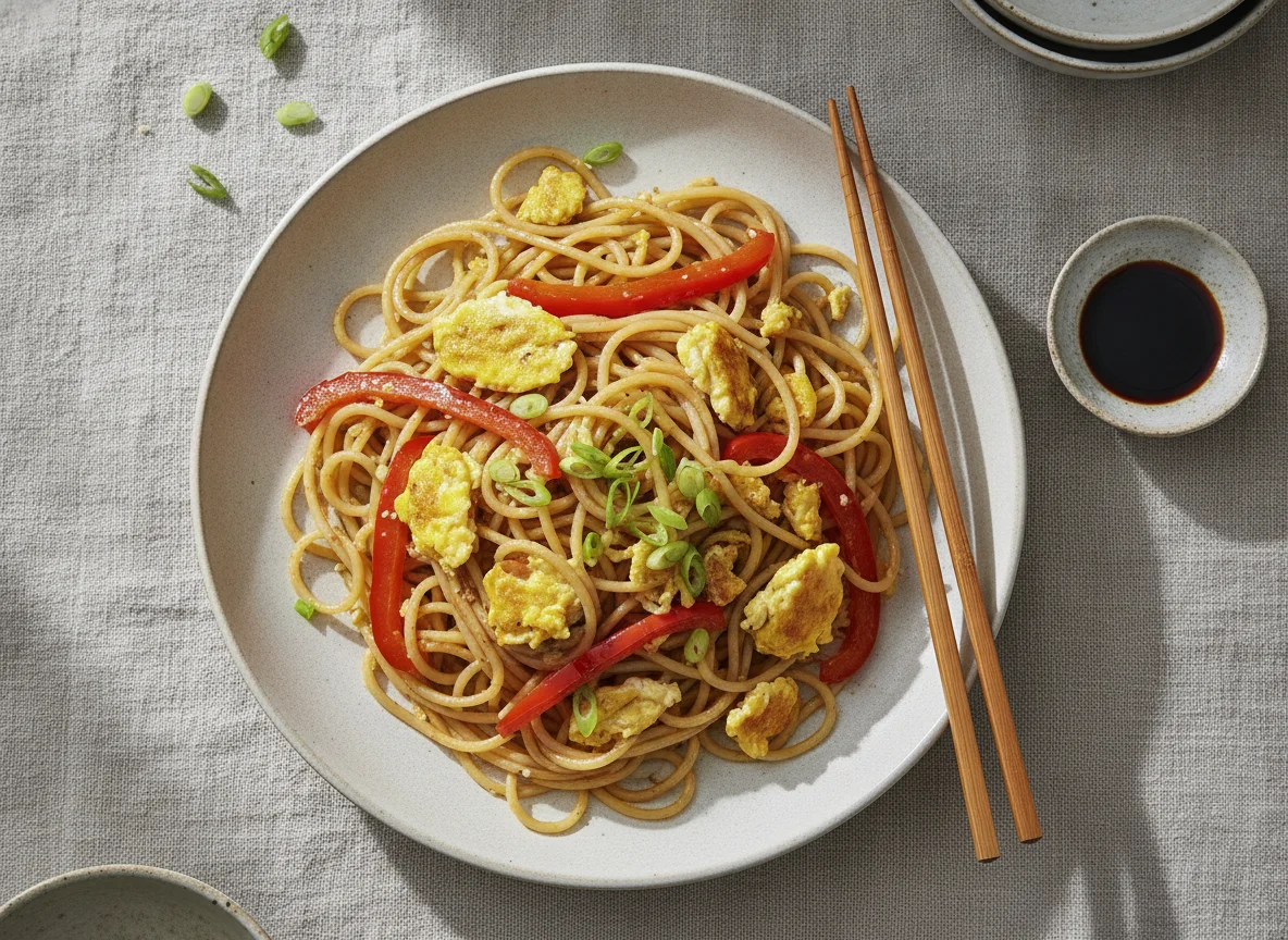 Gebratene Nudeln mit Ei und Paprika photo