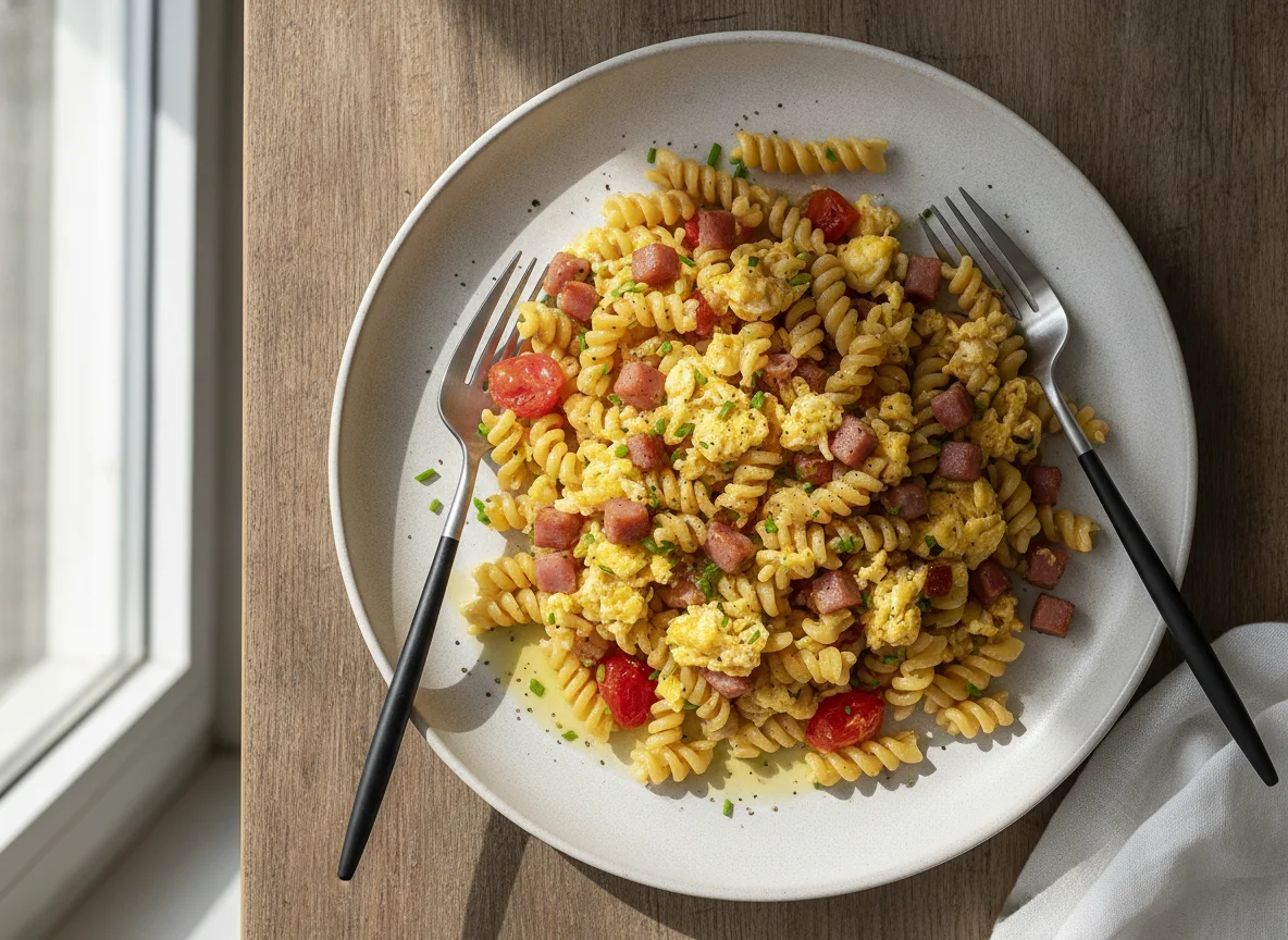 Gebratene Nudeln mit Ei und Schinken photo