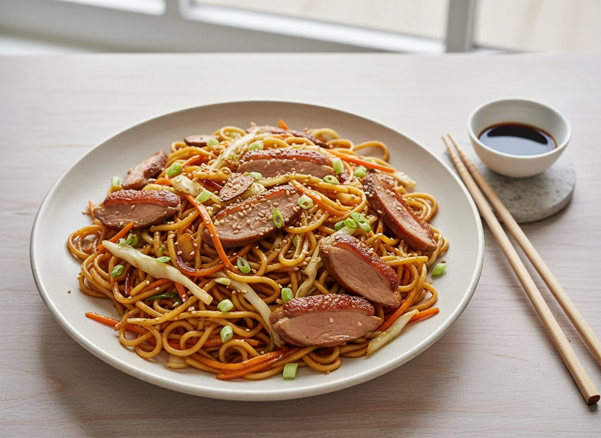 Gebratene Nudeln mit Ente und Gemüse photo