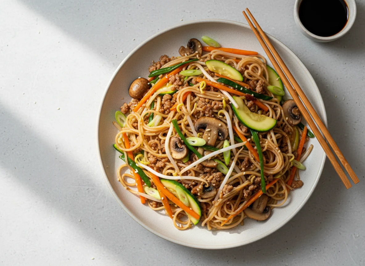 Gebratene Nudeln mit Faschiertem und Gemüse photo