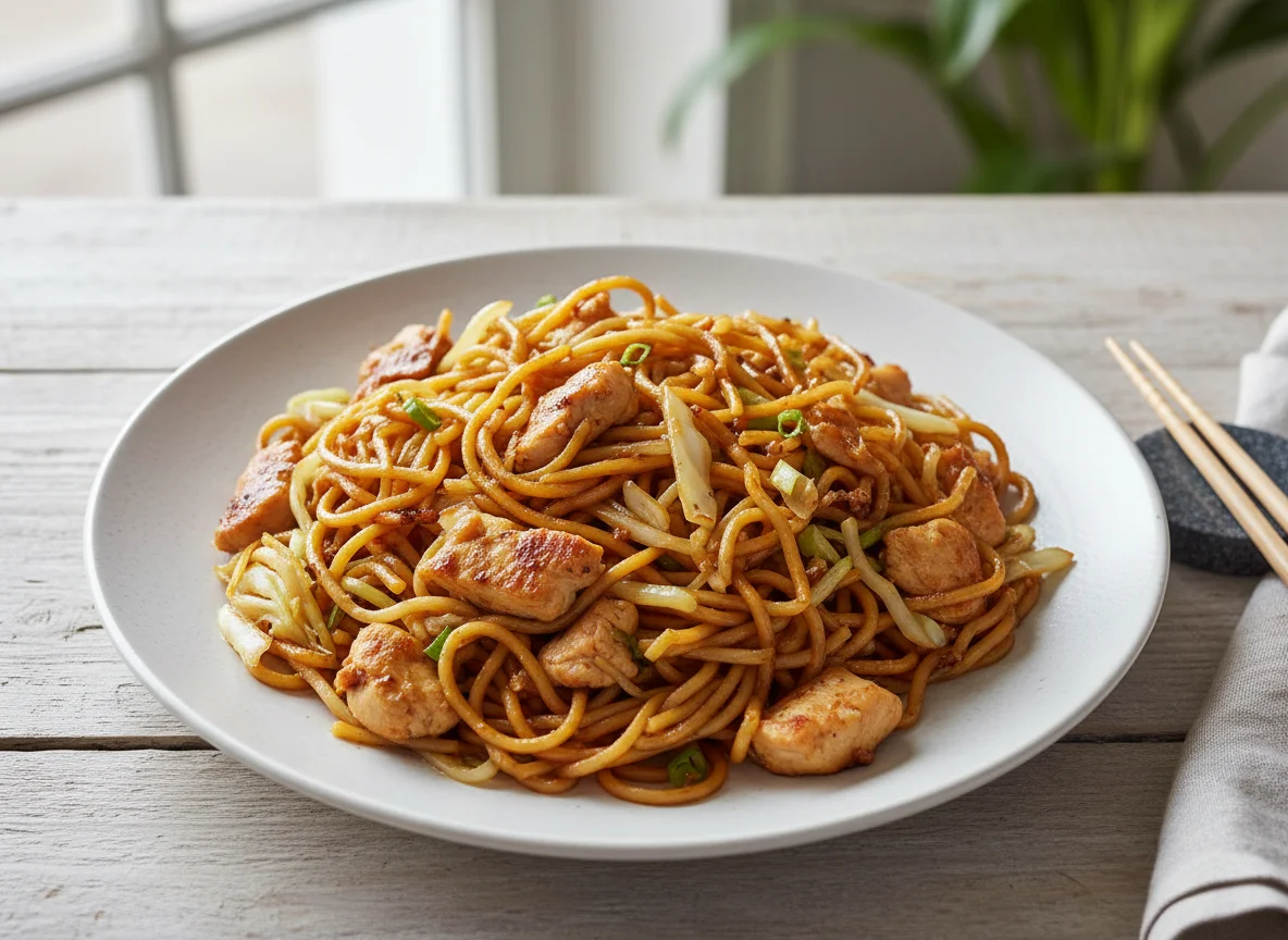 Gebratene Nudeln mit Fleisch photo