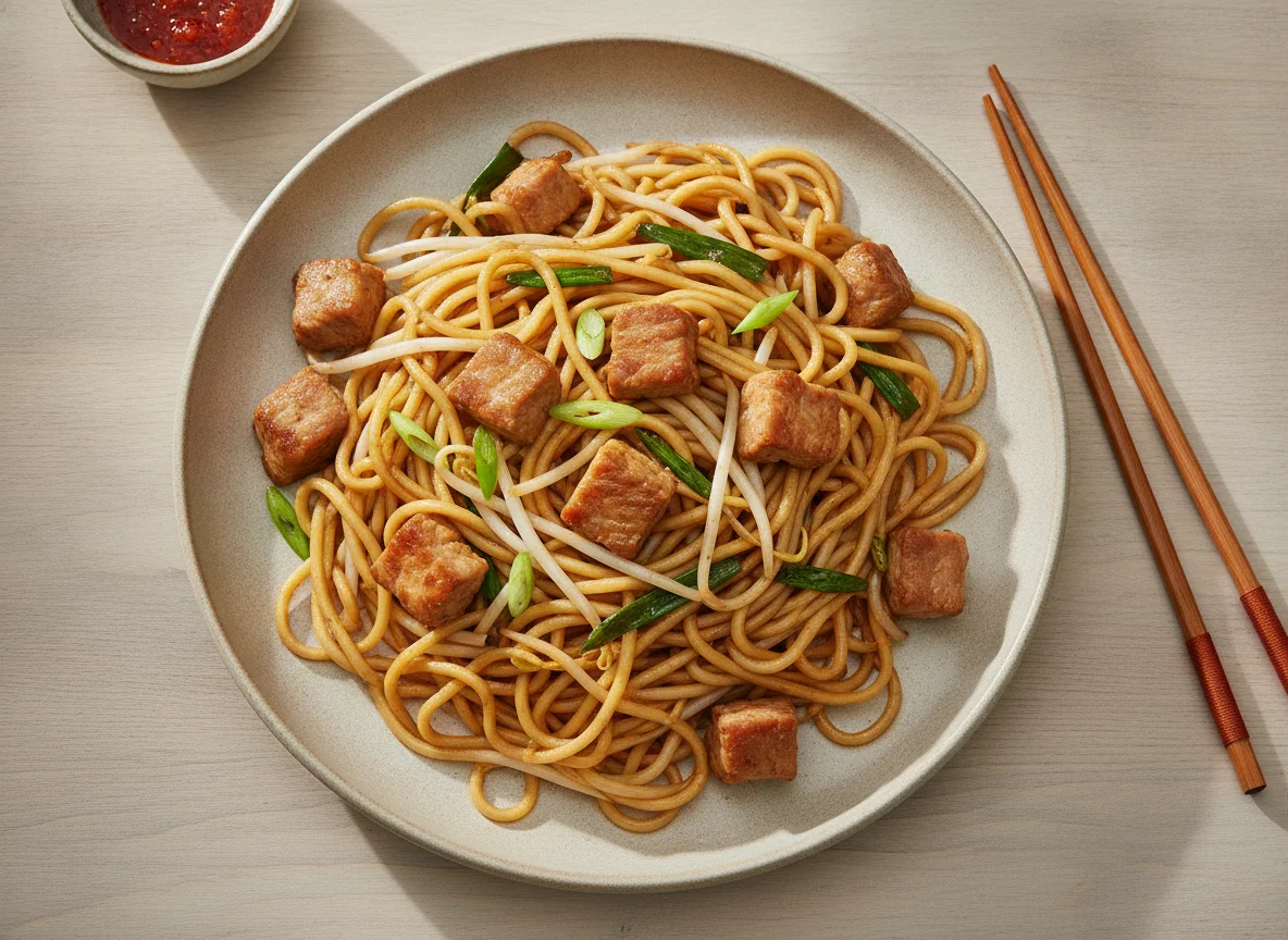 Gebratene Nudeln mit Fleisch und Gemüse photo