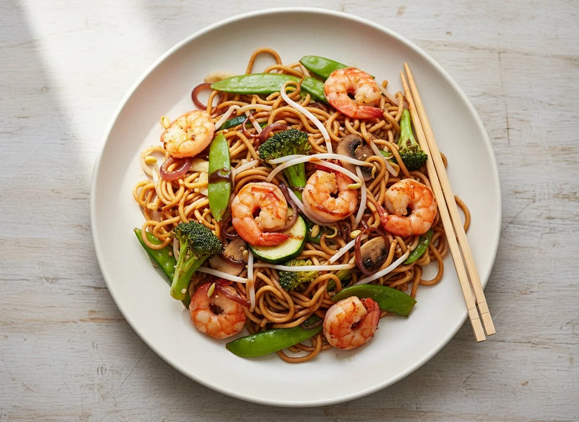 Gebratene Nudeln mit Garnelen und Gemüse photo