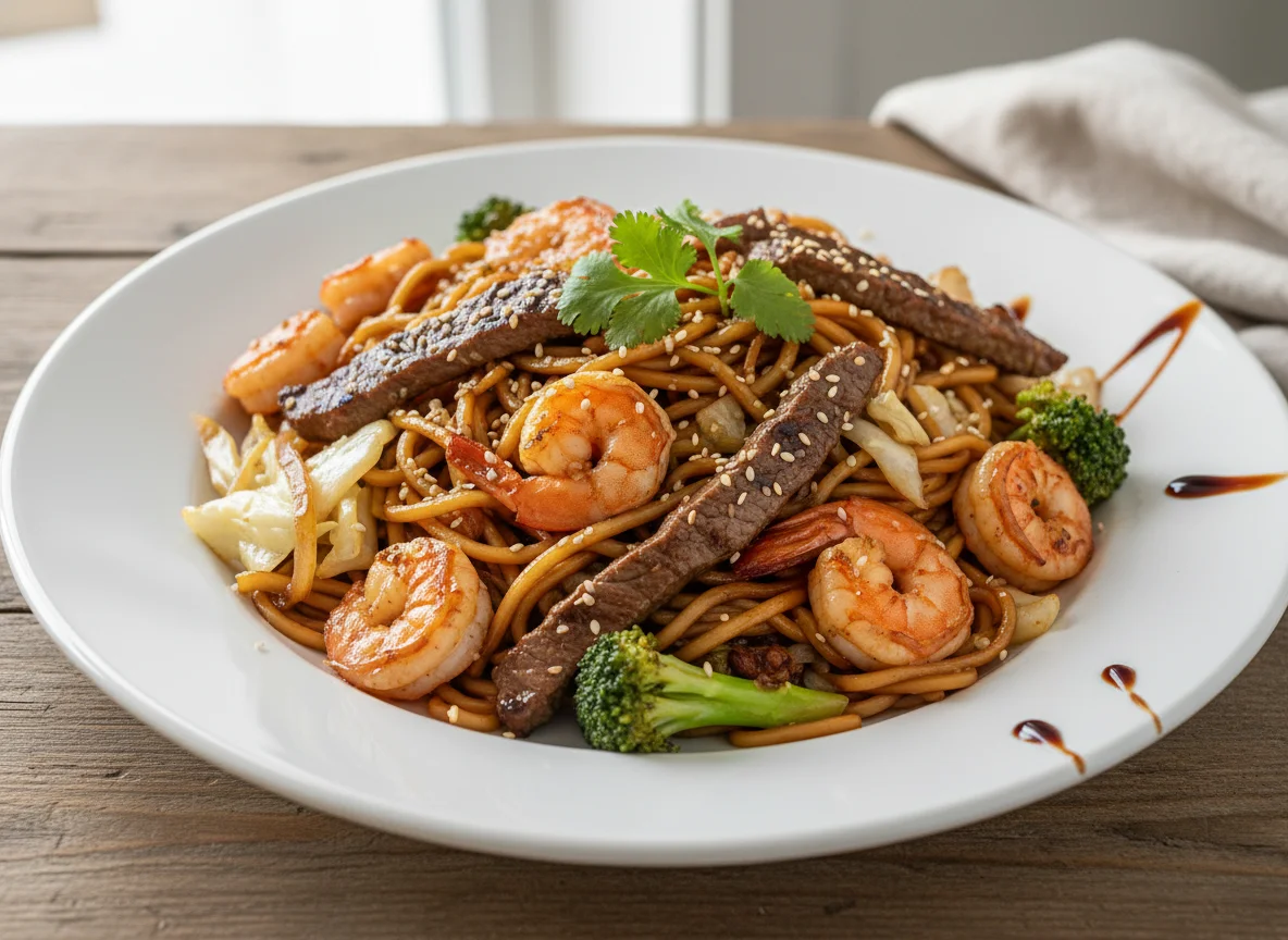 Gebratene Nudeln mit Garnelen und Rindfleisch photo