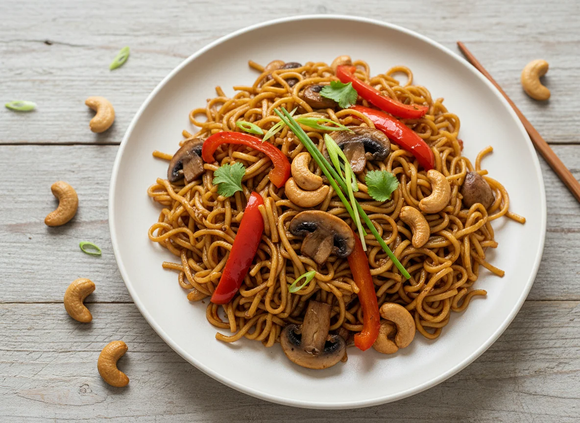 Gebratene Nudeln mit Gemüse und Cashewkernen photo