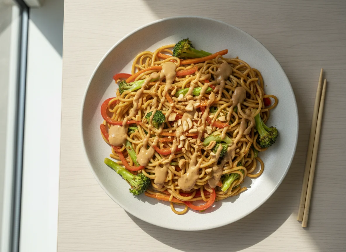Gebratene Nudeln mit Gemüse und Erdnusssauce photo