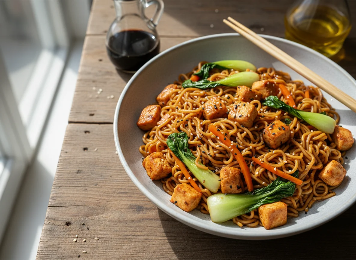 Gebratene Nudeln mit Gemüse und Hähnchen photo