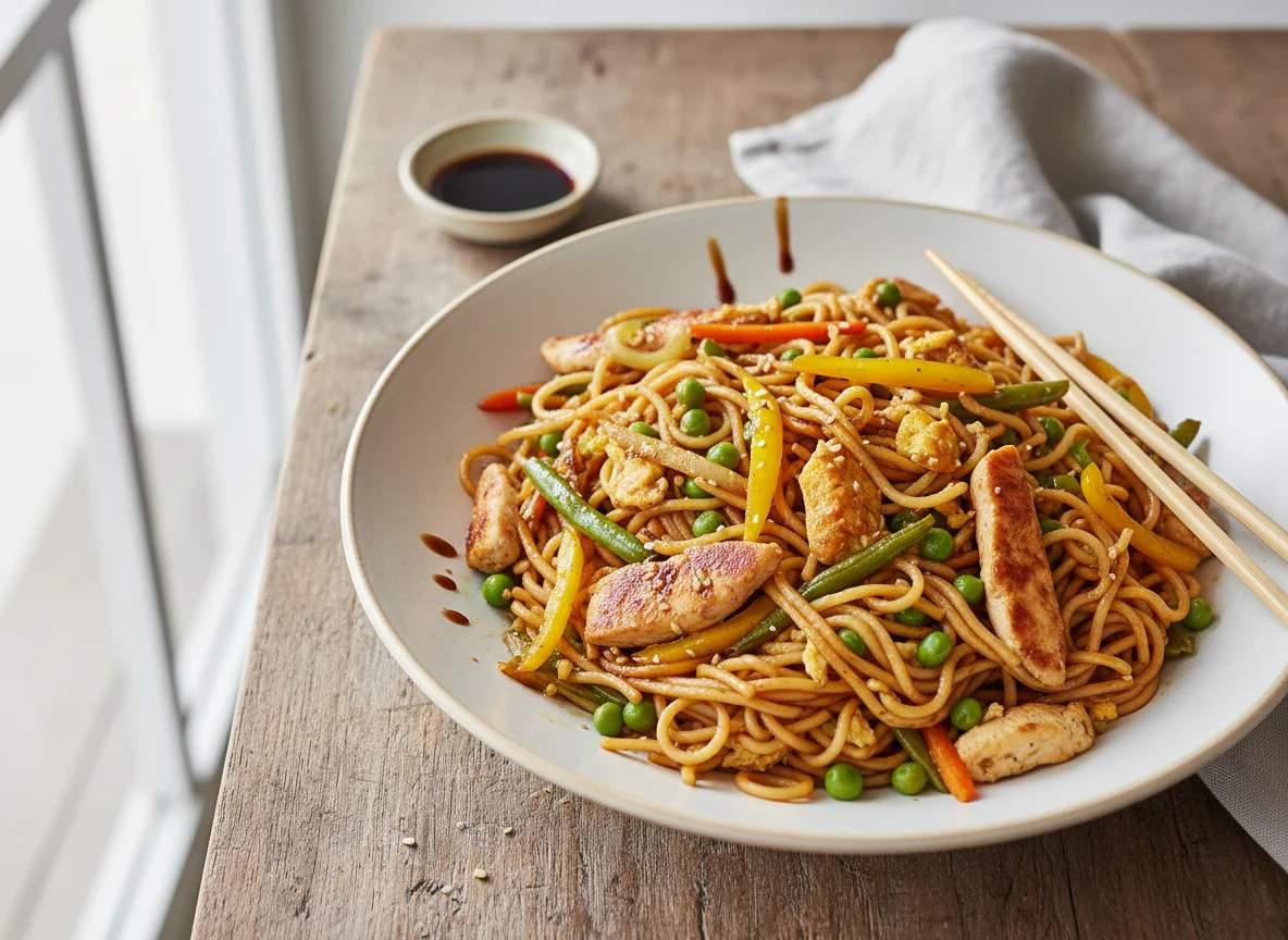 Gebratene Nudeln mit Gemüse und Huhn photo