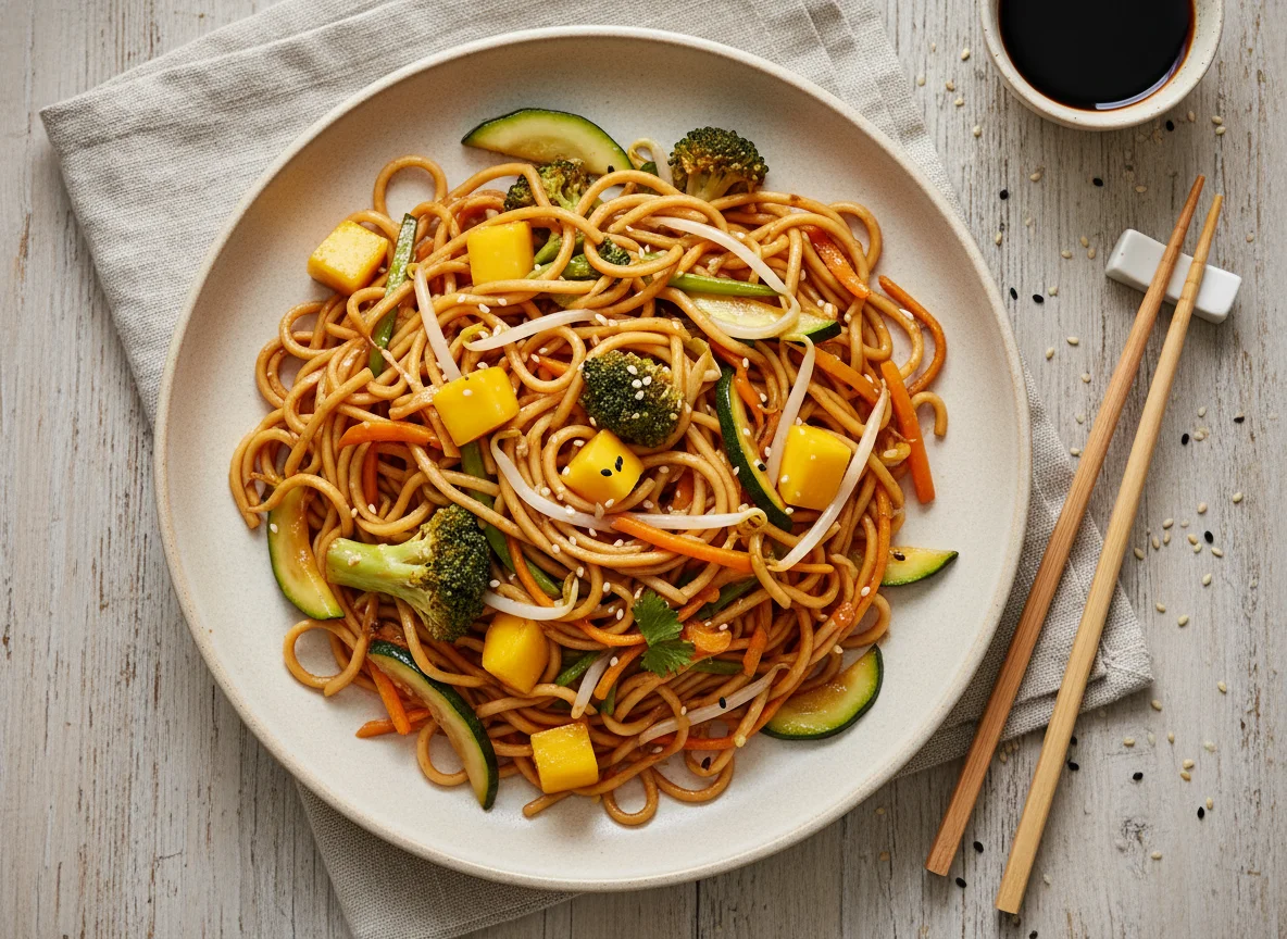 Gebratene Nudeln mit Gemüse und Mango photo