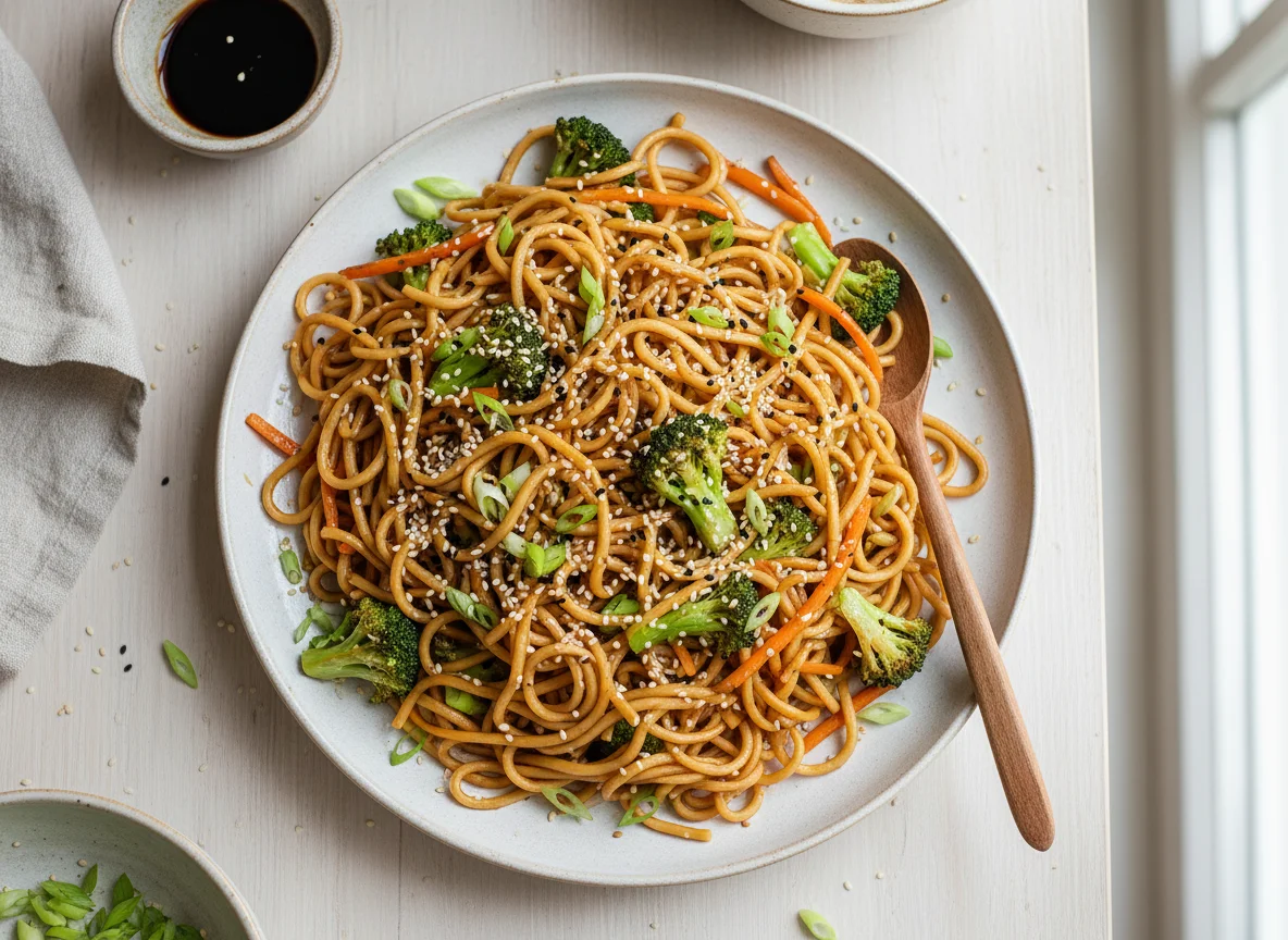 Gebratene Nudeln mit Gemüse und Sesam photo