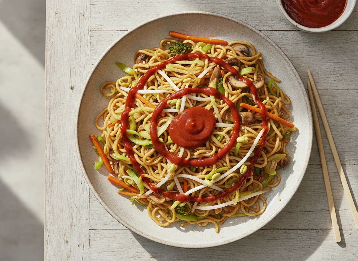 Gebratene Nudeln mit Gemüse und Sriracha photo