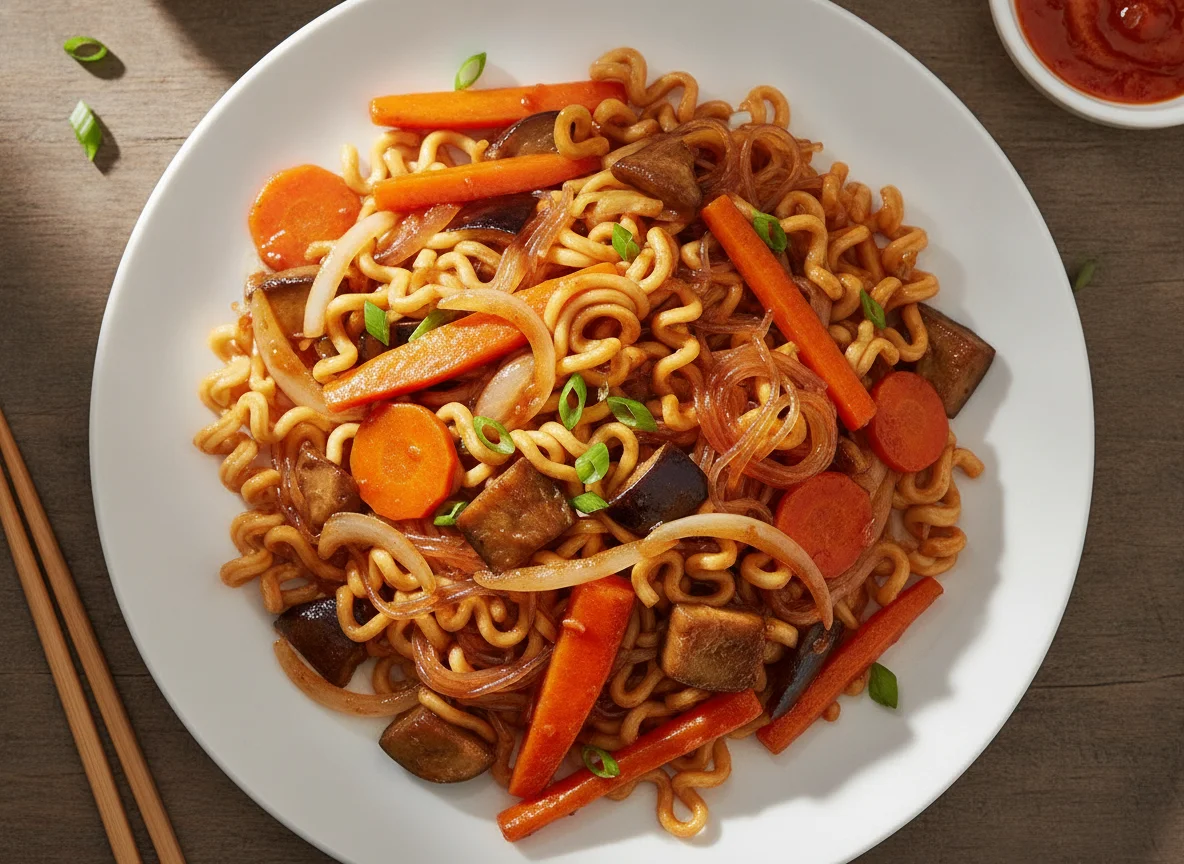 Gebratene Nudeln mit Gemüse und süß-saurer Sauce photo