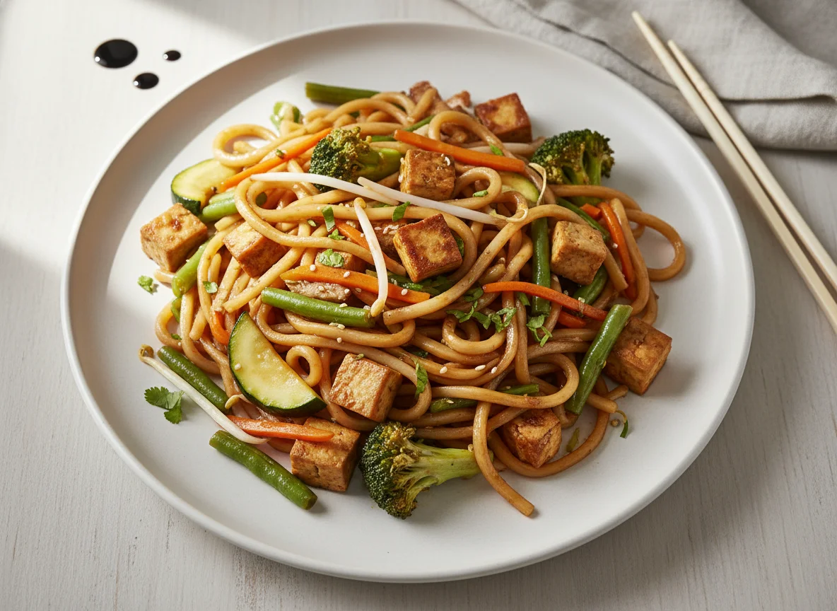 Gebratene Nudeln mit Gemüse und Tofu photo