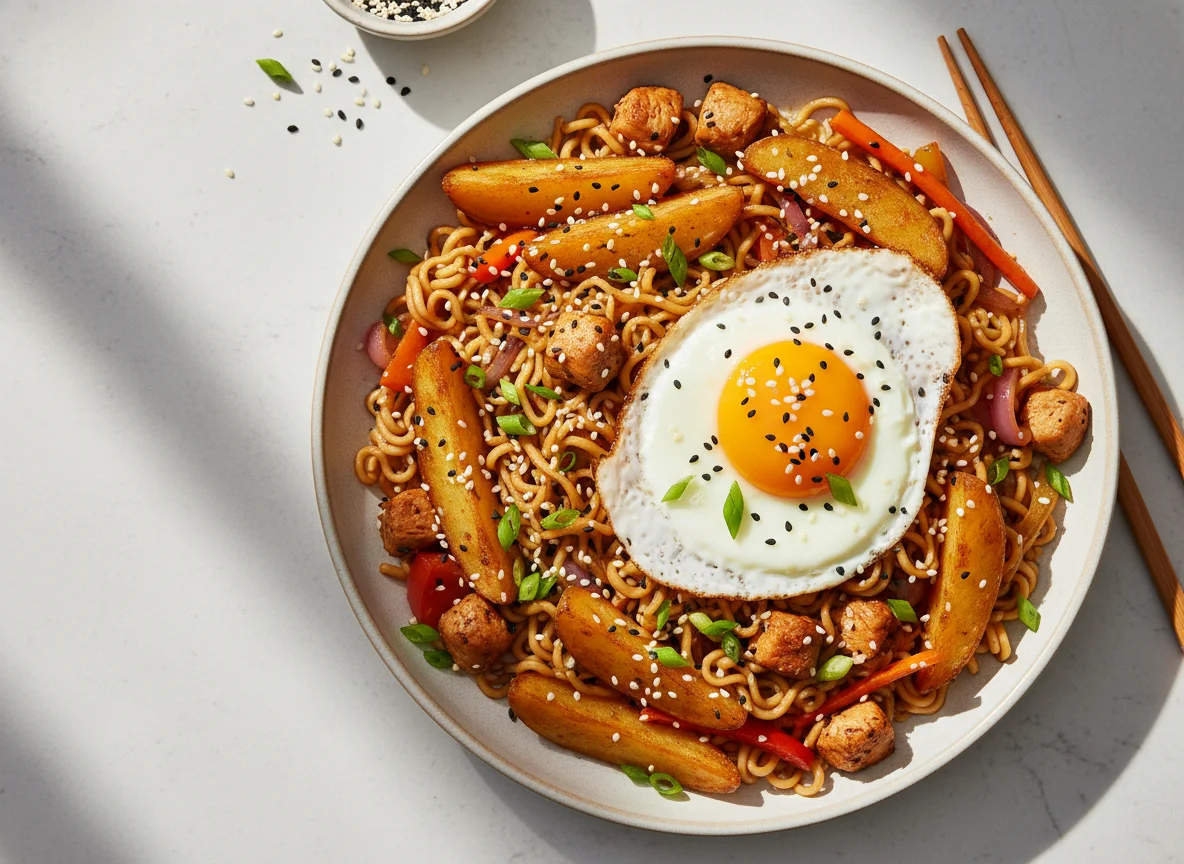 Gebratene Nudeln mit Hähnchen, Ei und Kartoffelspalten photo