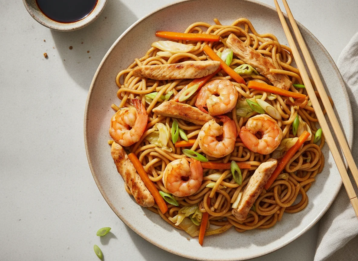 Gebratene Nudeln mit Hähnchen, Garnelen und Gemüse photo