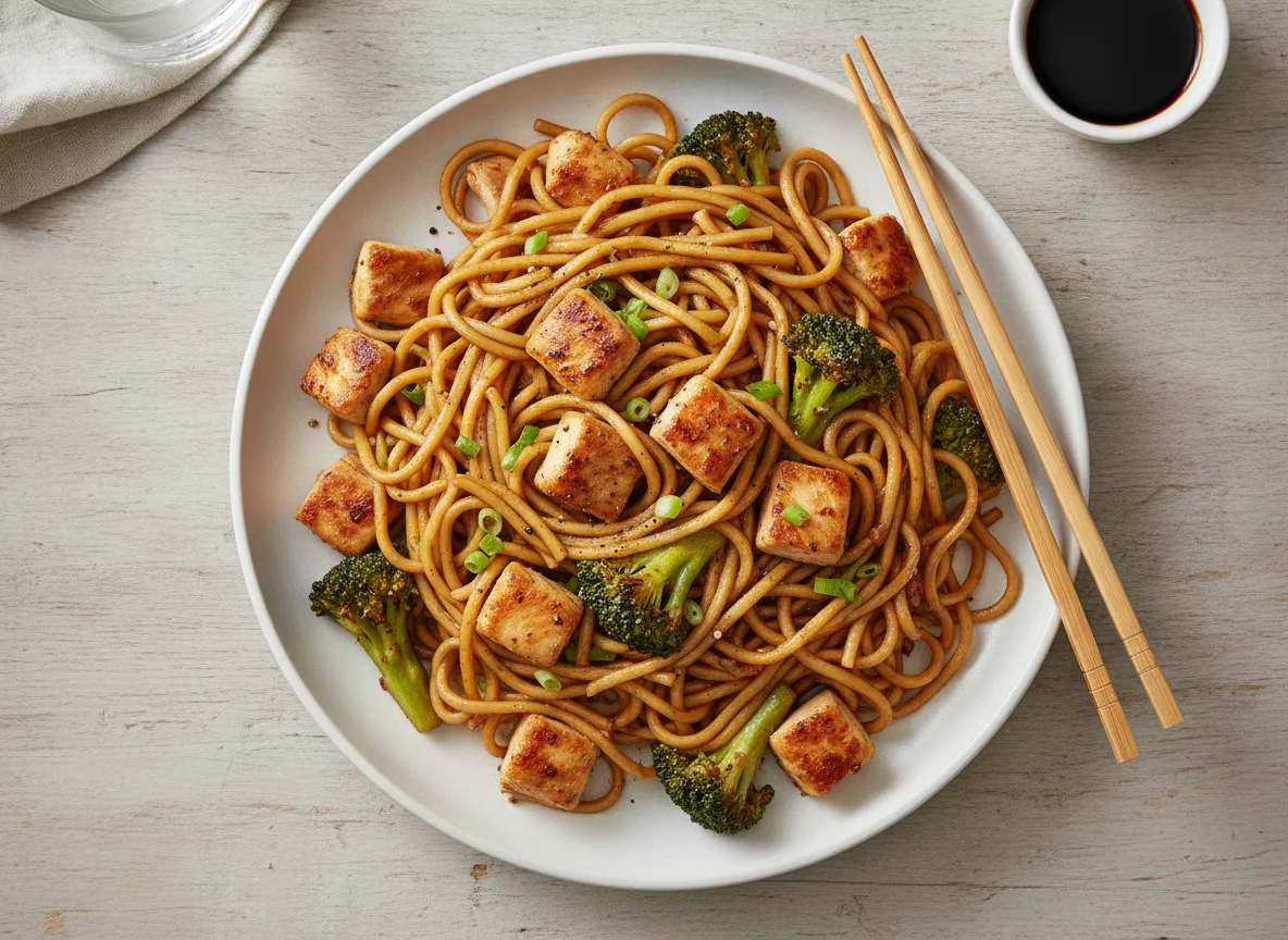 Gebratene Nudeln mit Hähnchen und Brokkoli photo