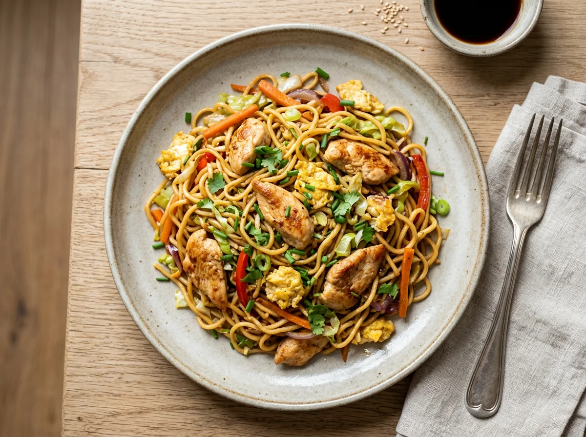 Gebratene Nudeln mit Hähnchen und Ei photo