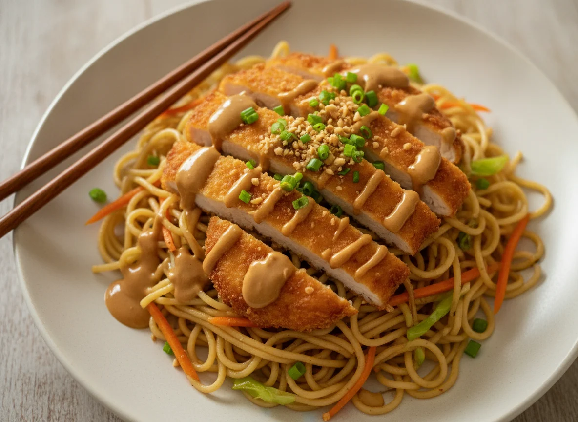 Gebratene Nudeln mit Hähnchen und Erdnusssauce photo
