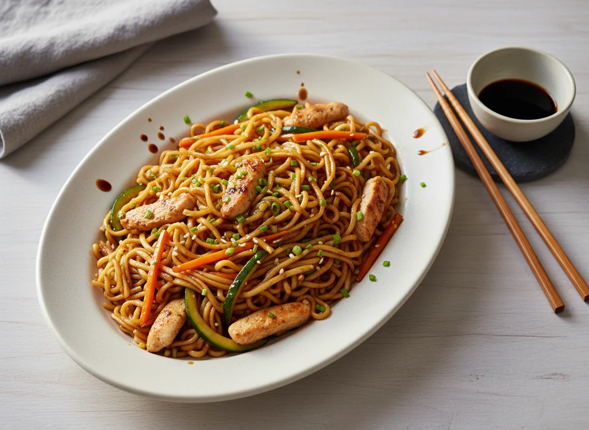 Gebratene Nudeln mit Hähnchen und Gemüse photo