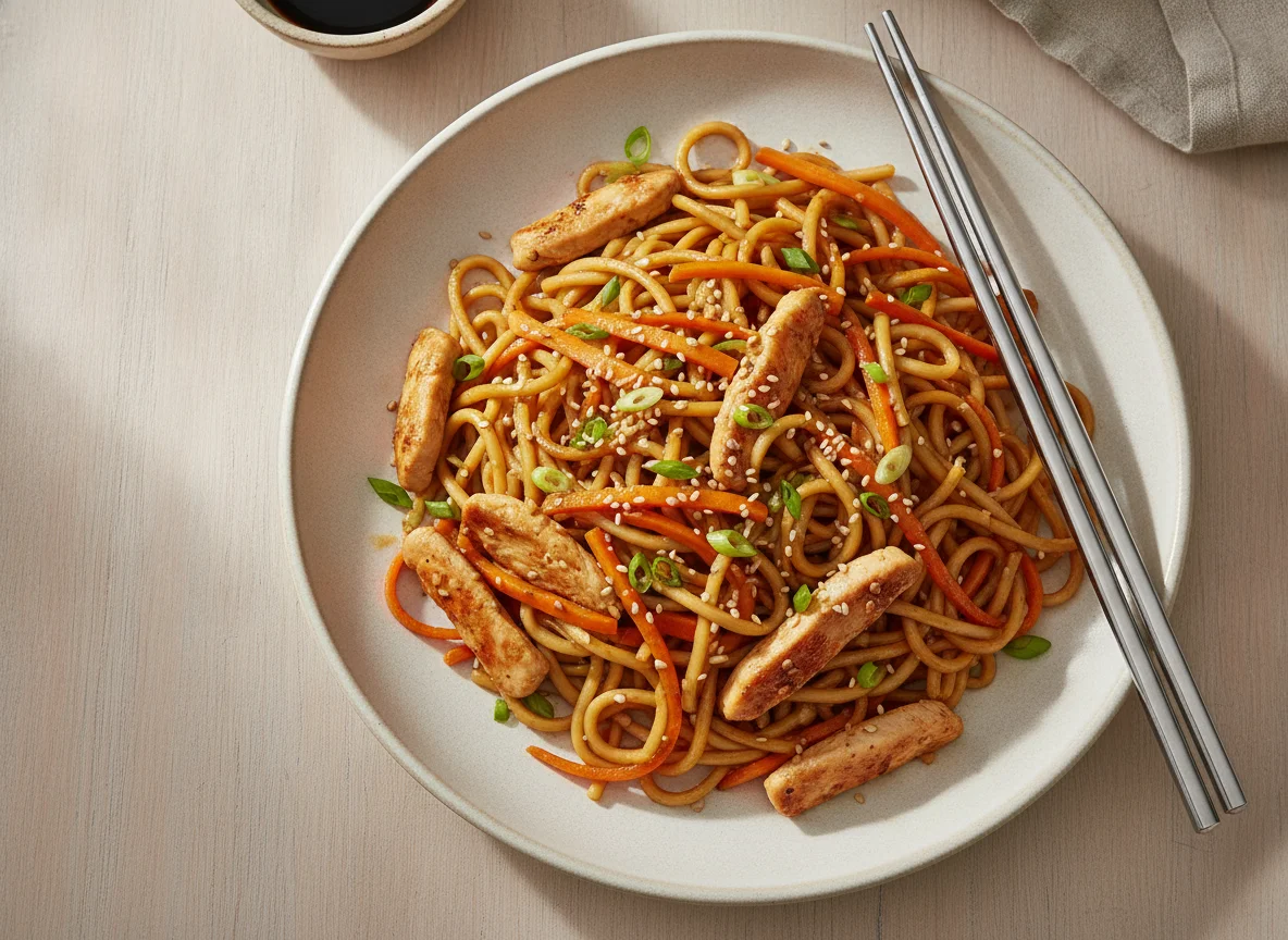 Gebratene Nudeln mit Hähnchen und Karotten photo